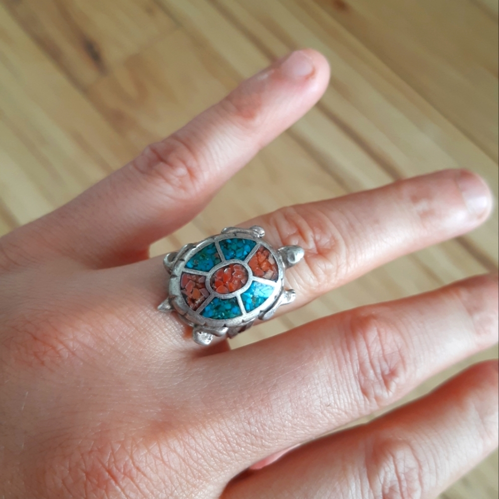 Sterling Turqoise Coral Turtle Ring Size 8